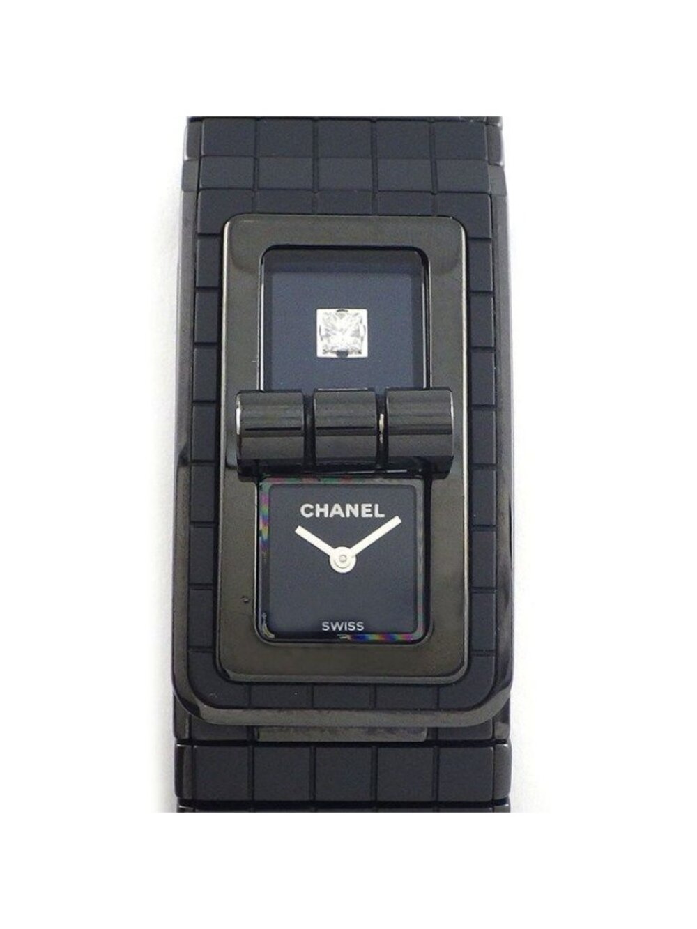 Chanel Watch Code Coco Edition Model Diamond Index Square Black Dial SS Ceramic